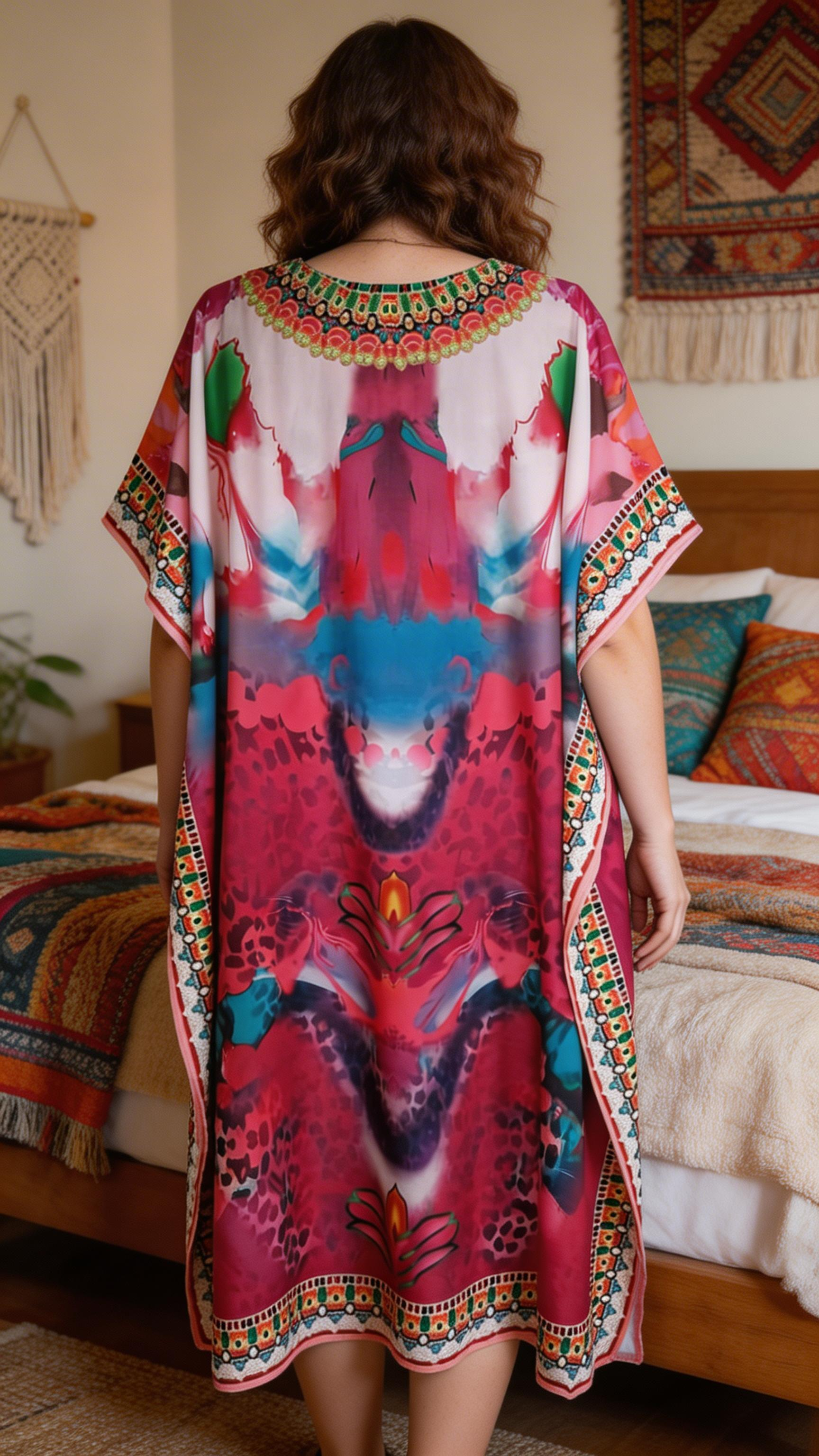 Pink Ornamental Polyester Kaftan for Women Plus Size Lounge Dress