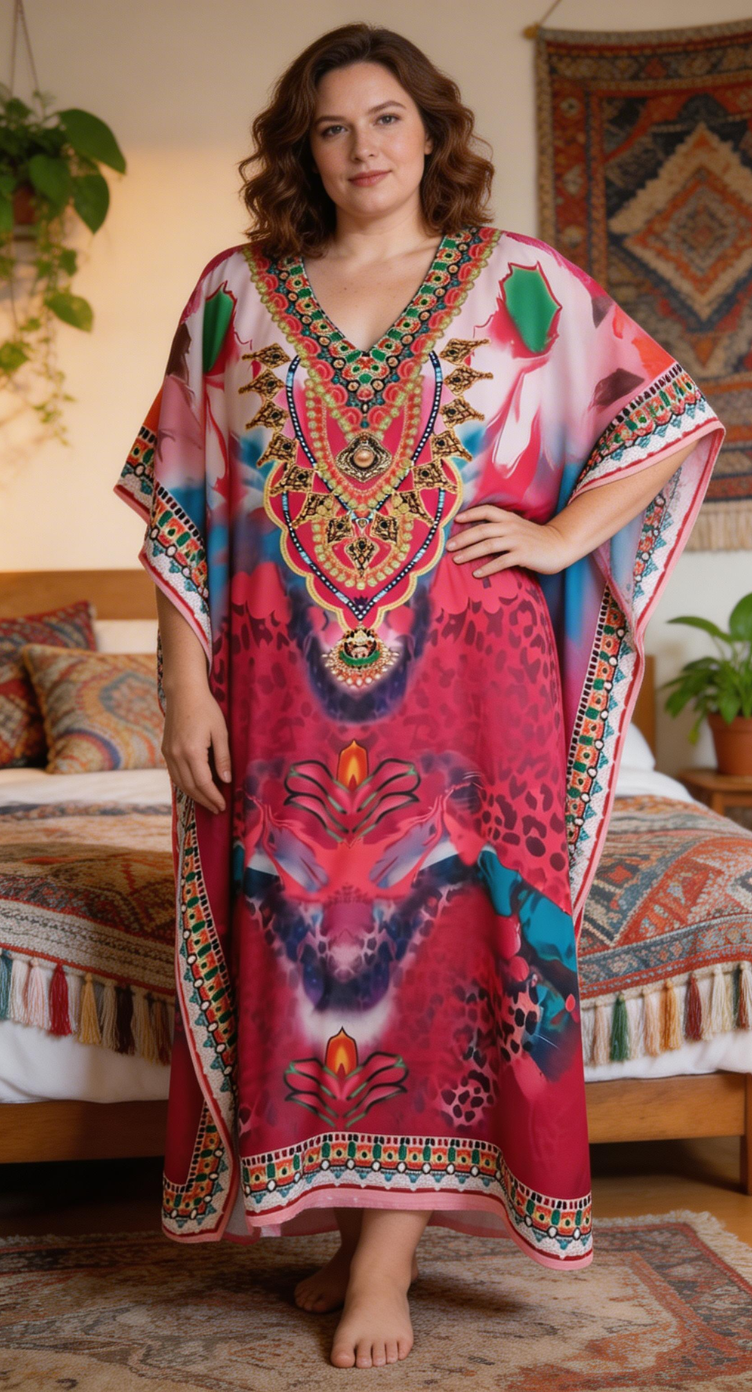 Pink Ornamental Polyester Kaftan for Women Plus Size Lounge Dress