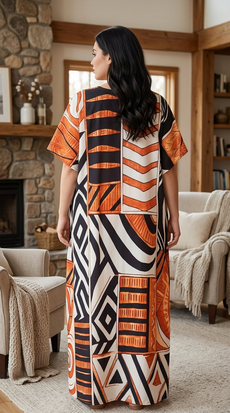 Cream Geometric Polyester Women Plus Size Kaftan Evening Dress
