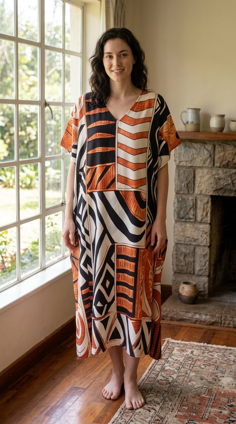 Cream Geometric Polyester Women Plus Size Kaftan Evening Dress