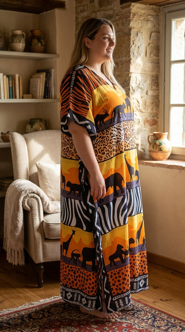 Orange Wildlife Print Polyester Women Plus Size Kaftan Casual Dress