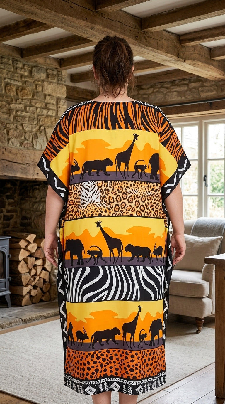 Orange Wildlife Print Polyester Women Plus Size Kaftan Casual Dress