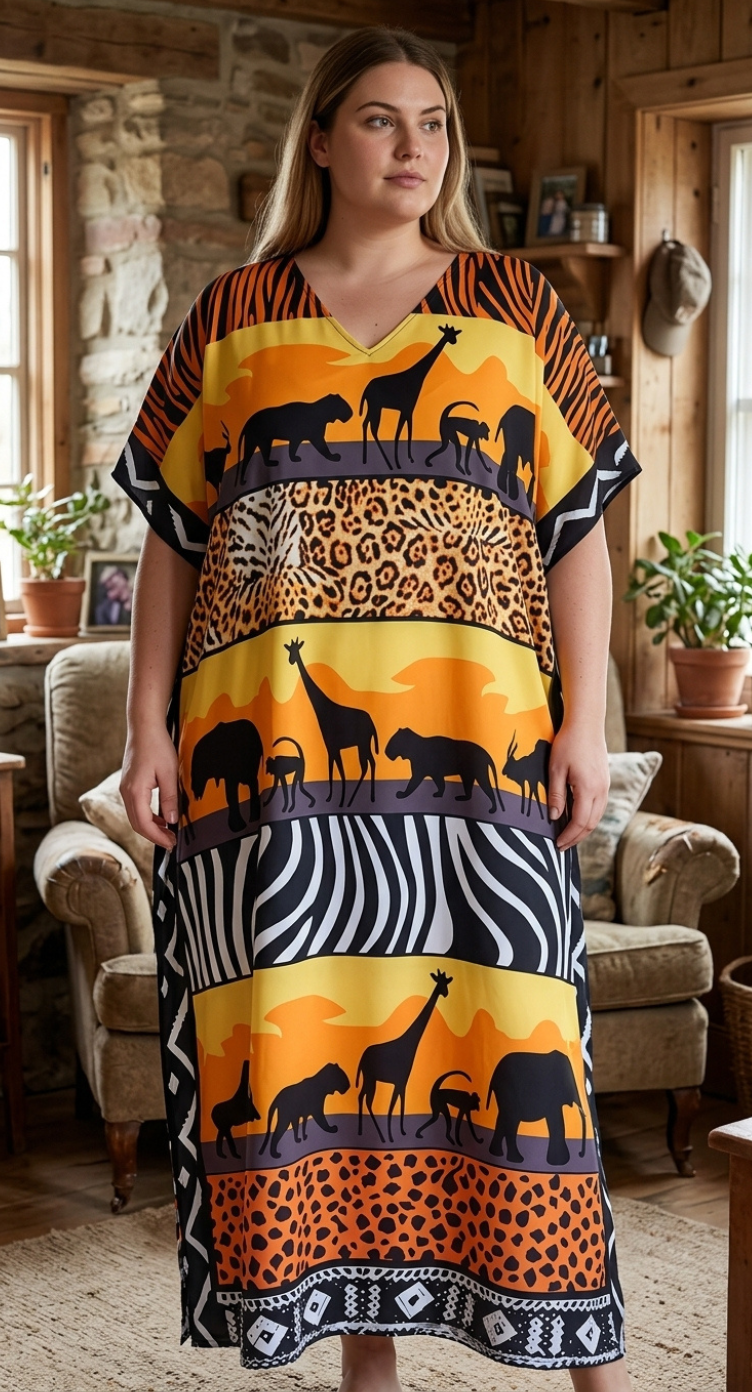 Orange Wildlife Print Polyester Women Plus Size Kaftan Casual Dress