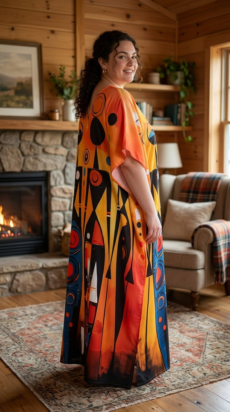 Orange Tribal Polyester Women Plus Size Kaftan Summer Dress