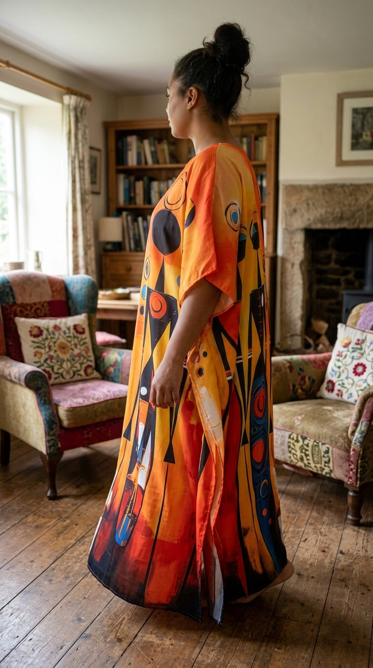 Orange Tribal Polyester Women Plus Size Kaftan Summer Dress
