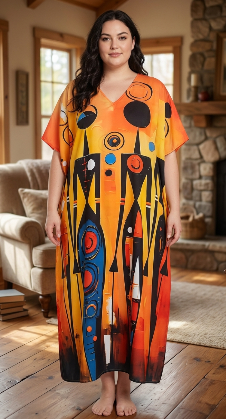 Orange Tribal Polyester Women Plus Size Kaftan Summer Dress