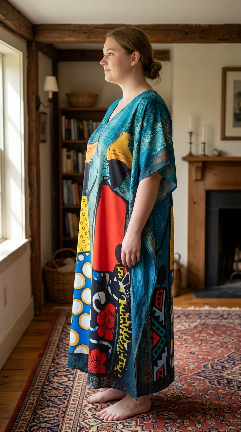Teal African Tribal Polyester Women Plus Size Kaftan Tropical Dress