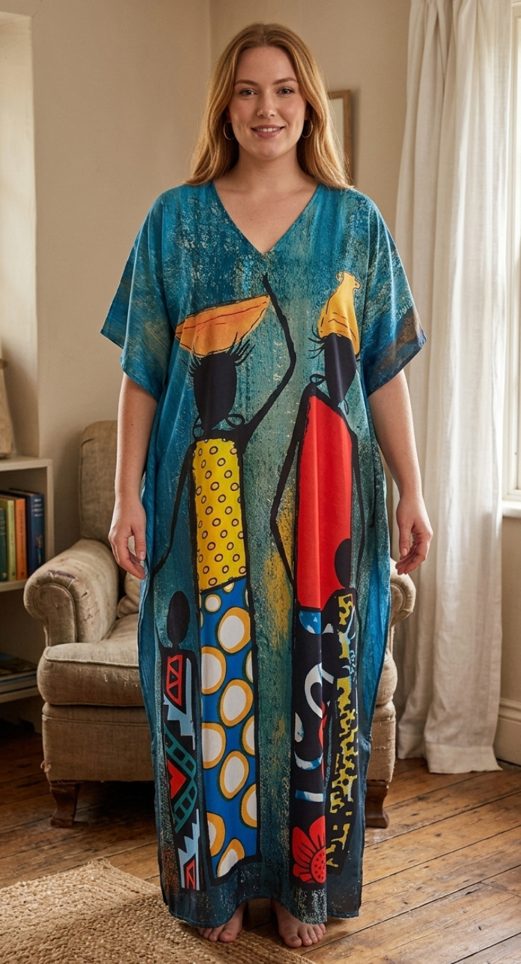 Teal African Tribal Polyester Women Plus Size Kaftan Tropical Dress