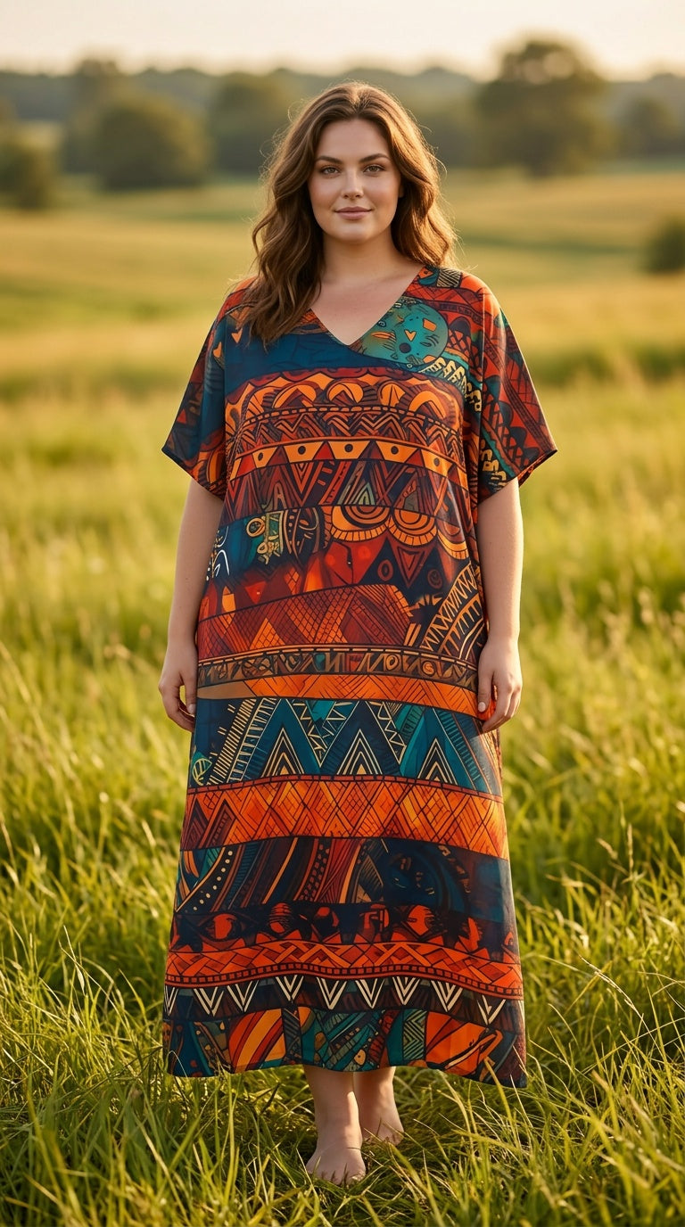 Orange Aztec Stripe Polyester Plus Size Kaftan for Women 1X-3X | GypsieBlu