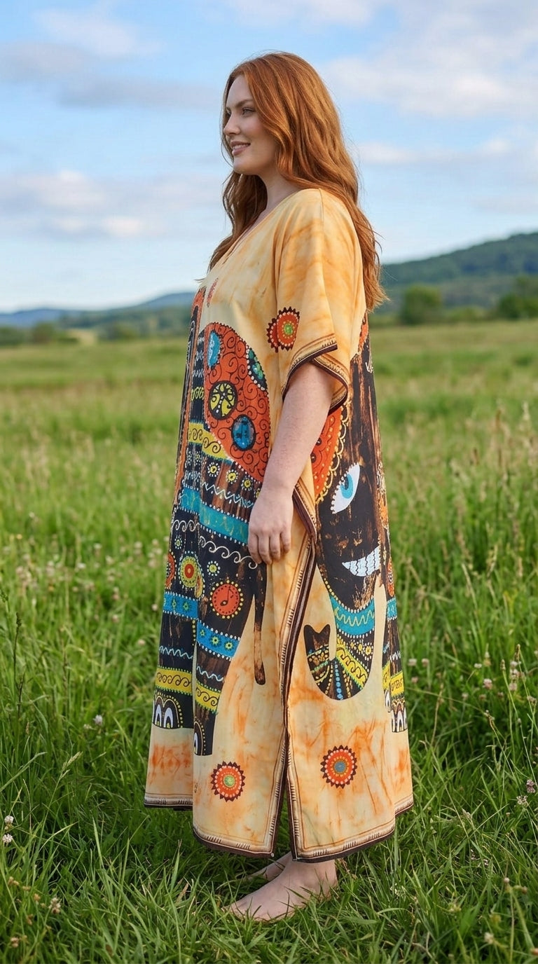 Light Beige Animal Print Polyester Women Plus Size Kaftan Resort Dress - SKU SG152-9287 - Gypsie Blu