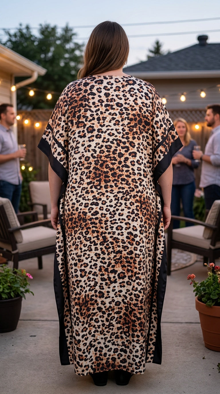 Beige Leopard Print Polyester Women Plus Size Kaftan Beach Dress
