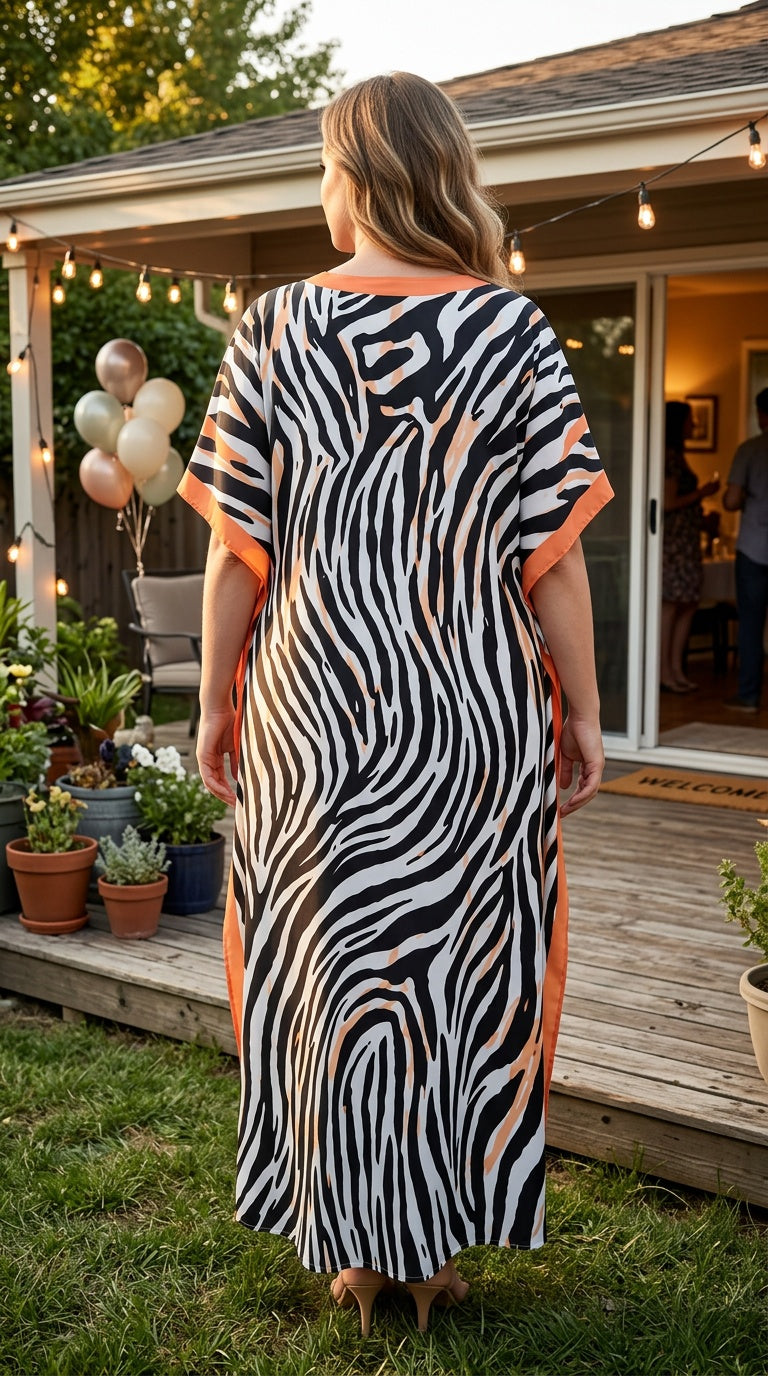 Black and White Abstract Polyester Women Plus Size Kaftan Lounge Dress