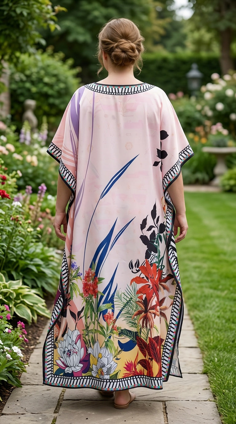 Pastel Pink Floral Polyester Women Plus Size Kaftan Brunch Dress