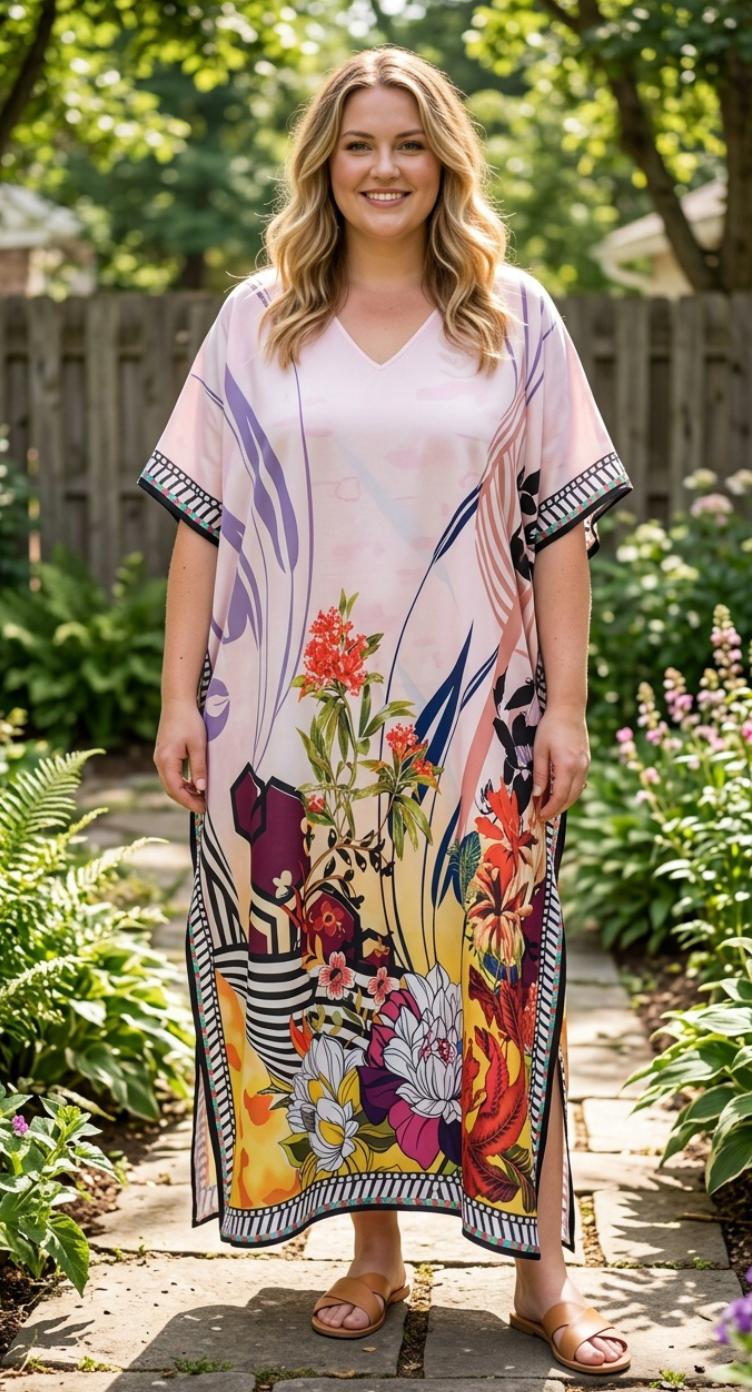 Pastel Pink Floral Polyester Women Plus Size Kaftan Brunch Dress