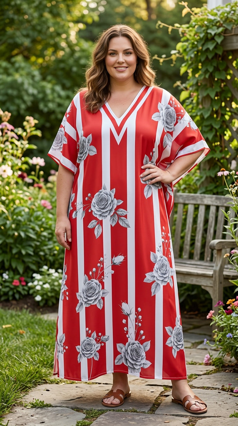 Red Striped Polyester Women Plus Size Kaftan Beach Dress