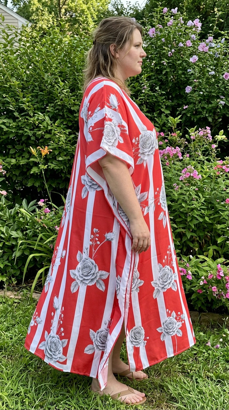 Red Striped Polyester Women Plus Size Kaftan Beach Dress