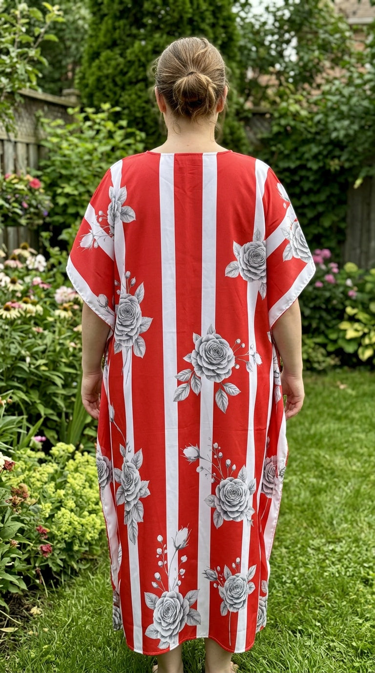 Red Striped Polyester Women Plus Size Kaftan Beach Dress