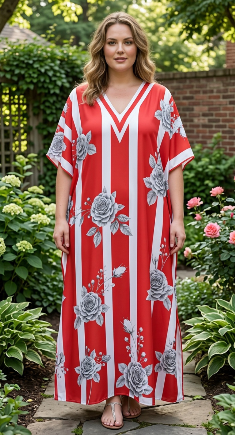Red Striped Polyester Women Plus Size Kaftan Beach Dress