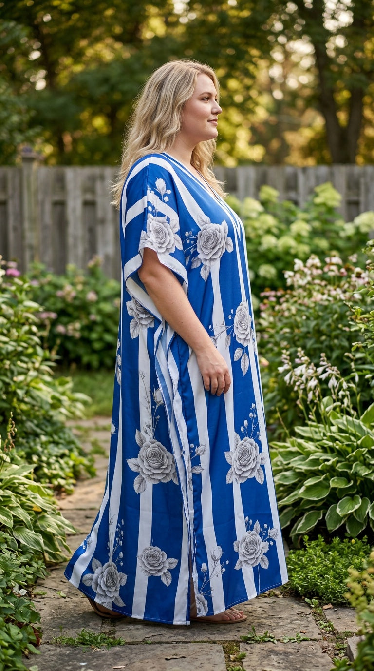 Royal Blue Striped Polyester Women Plus Size Kaftan Vacation Dress