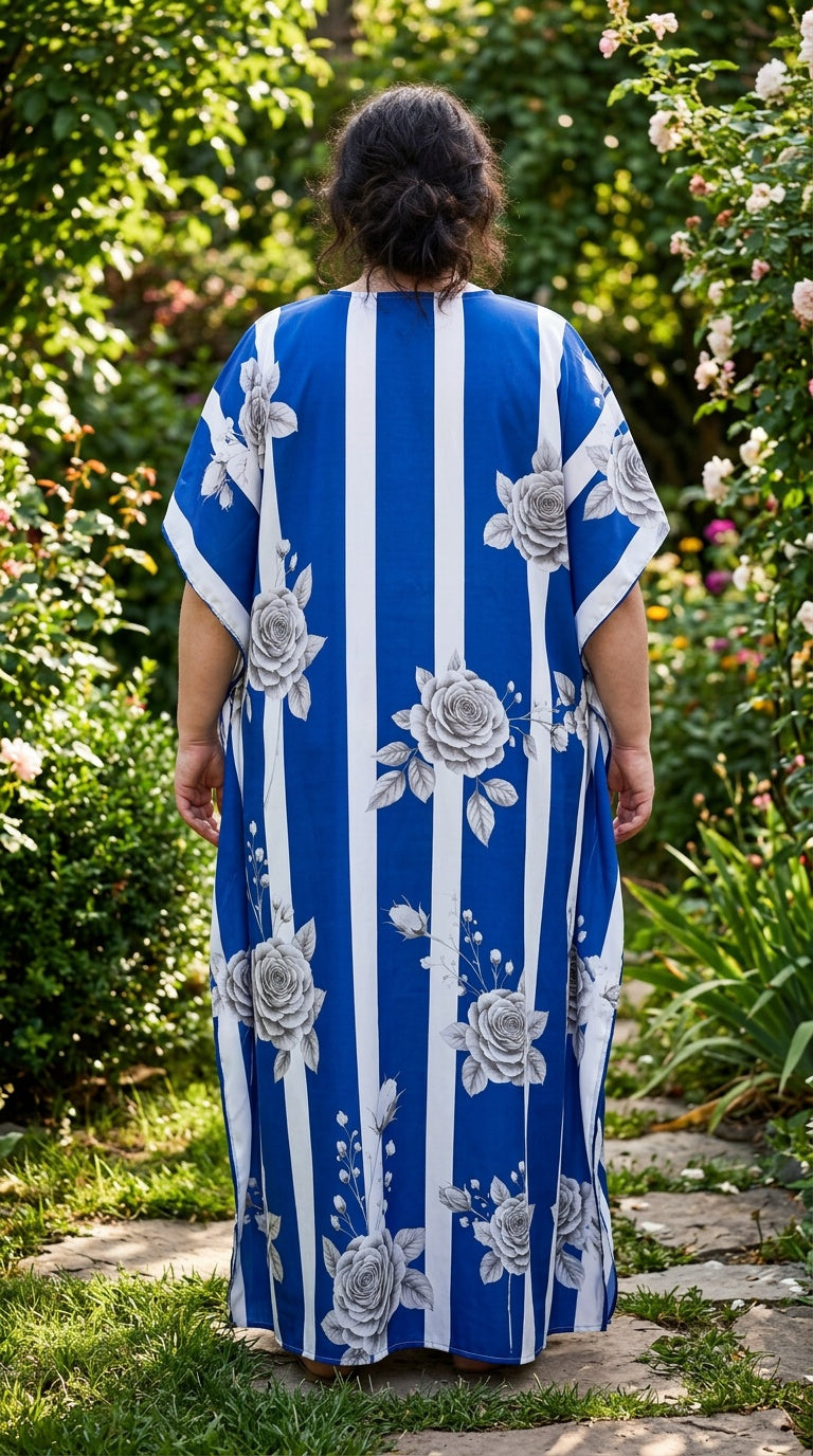 Royal Blue Striped Polyester Women Plus Size Kaftan Vacation Dress
