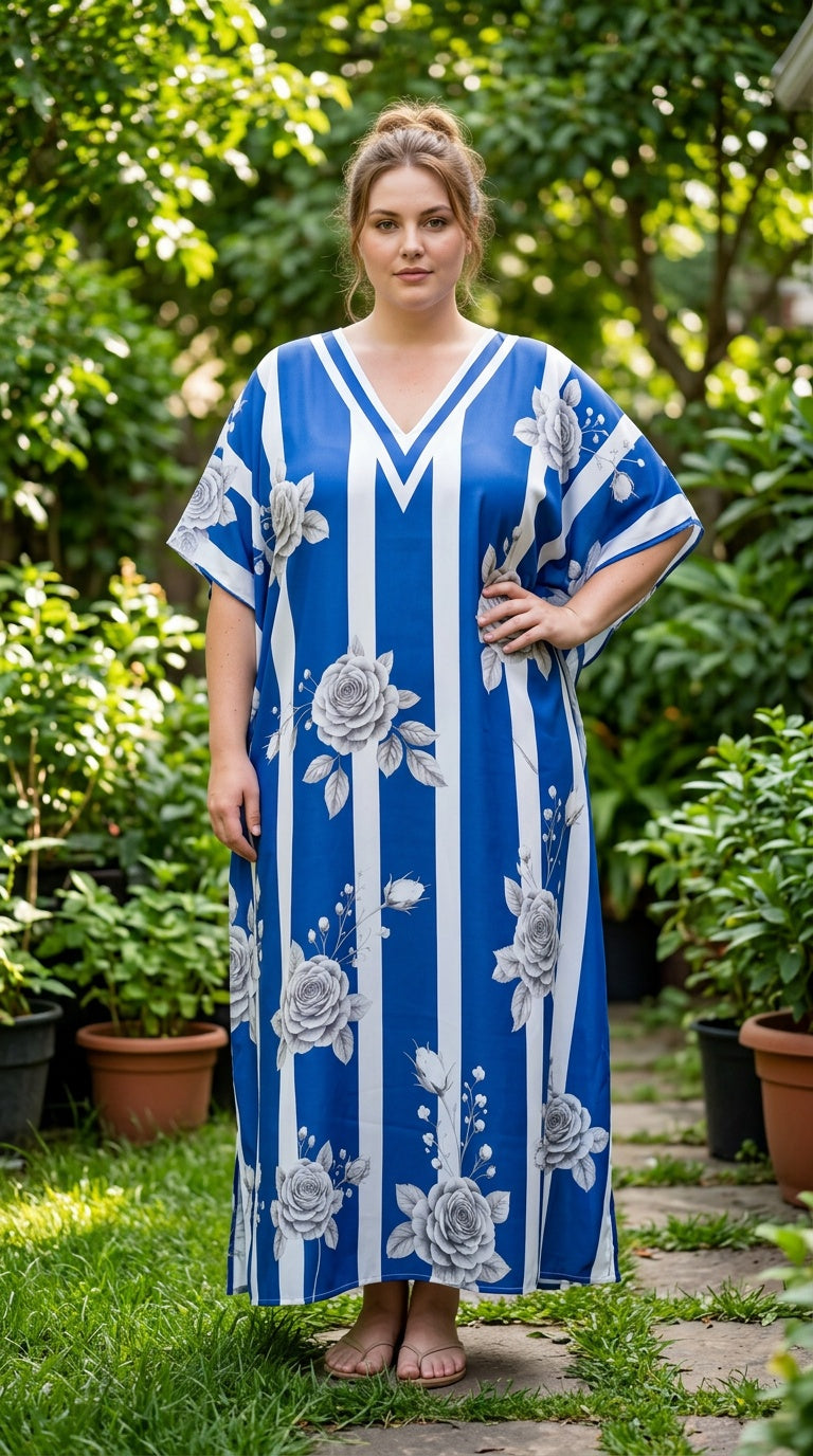Royal Blue Striped Polyester Women Plus Size Kaftan Vacation Dress