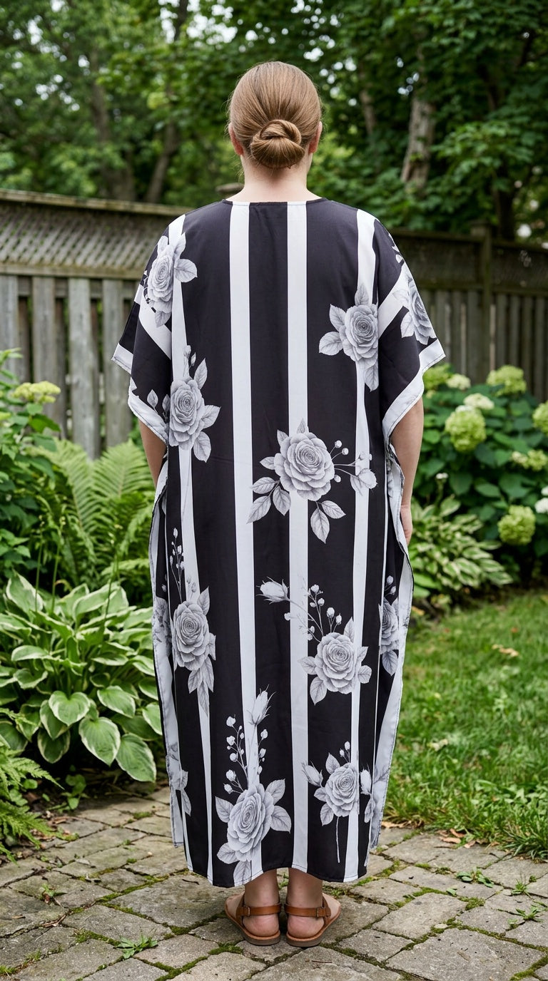 Black Striped Polyester Women Plus Size Kaftan Evening Dress