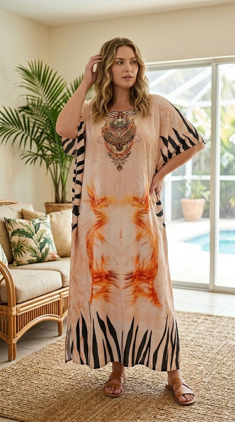 Peach Ornamental Print Polyester Women Plus Size Kaftan Summer Dress - SKU SG152-9299 - Gypsie Blu