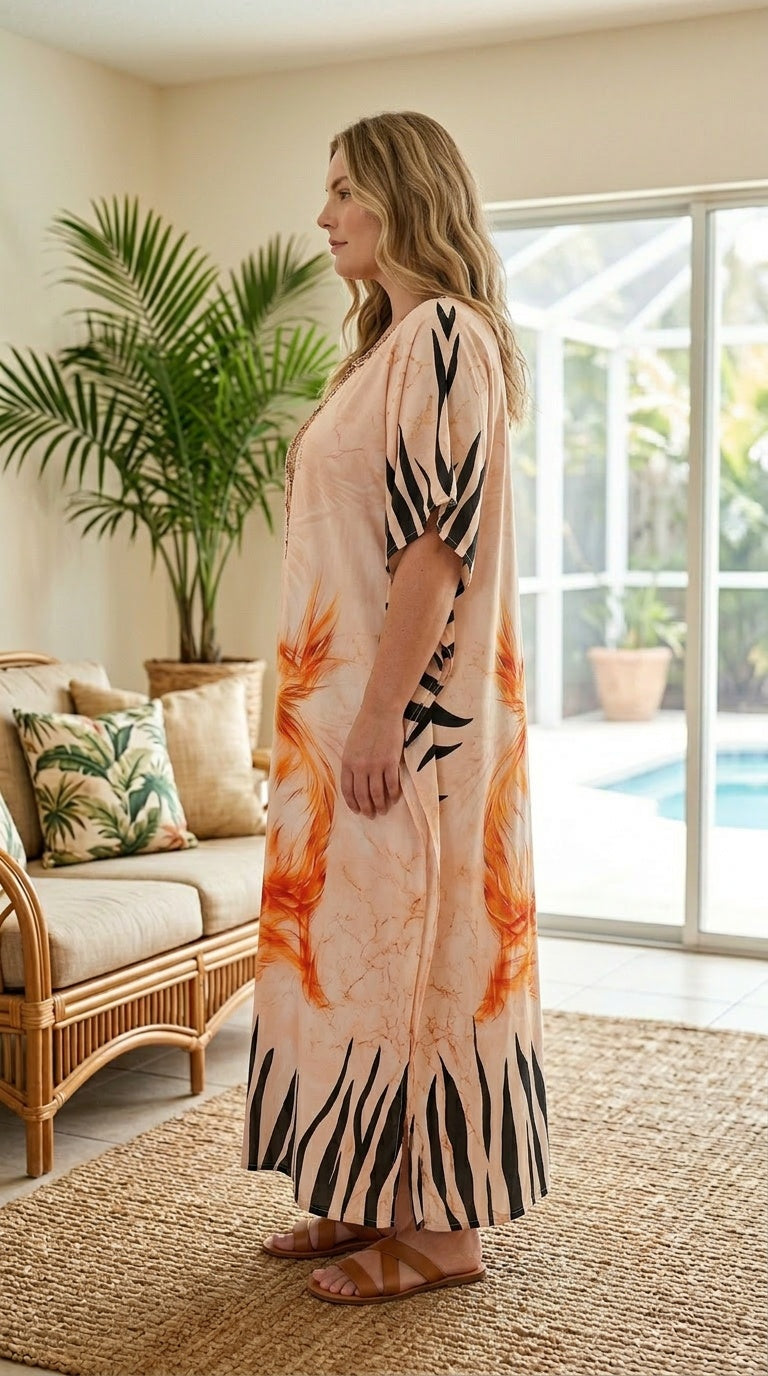 Peach Ornamental Print Polyester Women Plus Size Kaftan Summer Dress - SKU SG152-9299 - Gypsie Blu