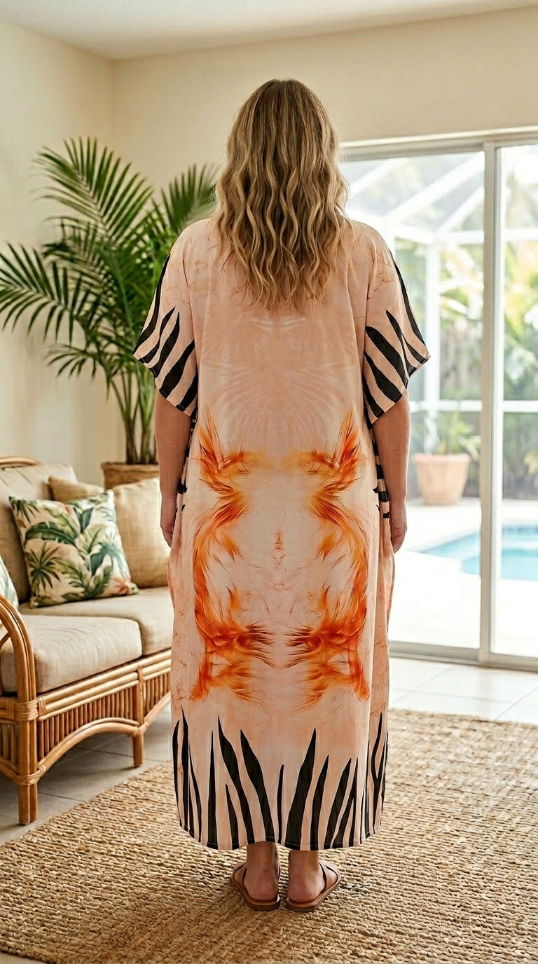 Peach Ornamental Print Polyester Women Plus Size Kaftan Summer Dress