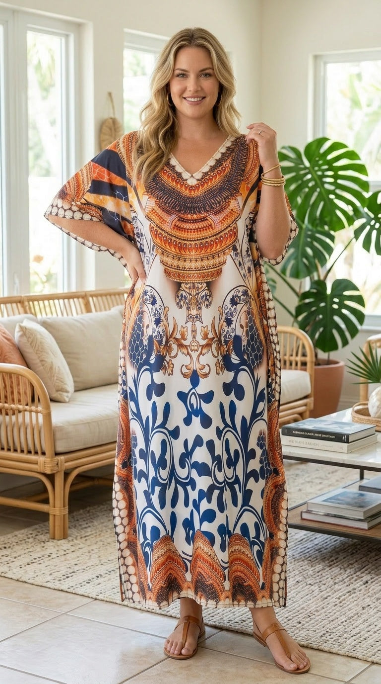 Cream Baroque Polyester Women Plus Size Kaftan Elegant Dress