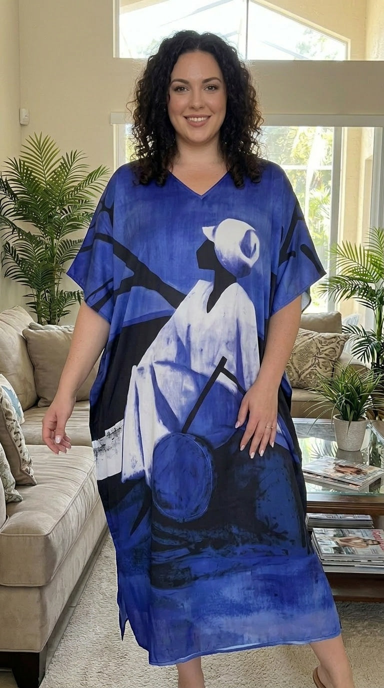 Royal Blue Lady Print Polyester Women Plus Size Kaftan Holiday Dress