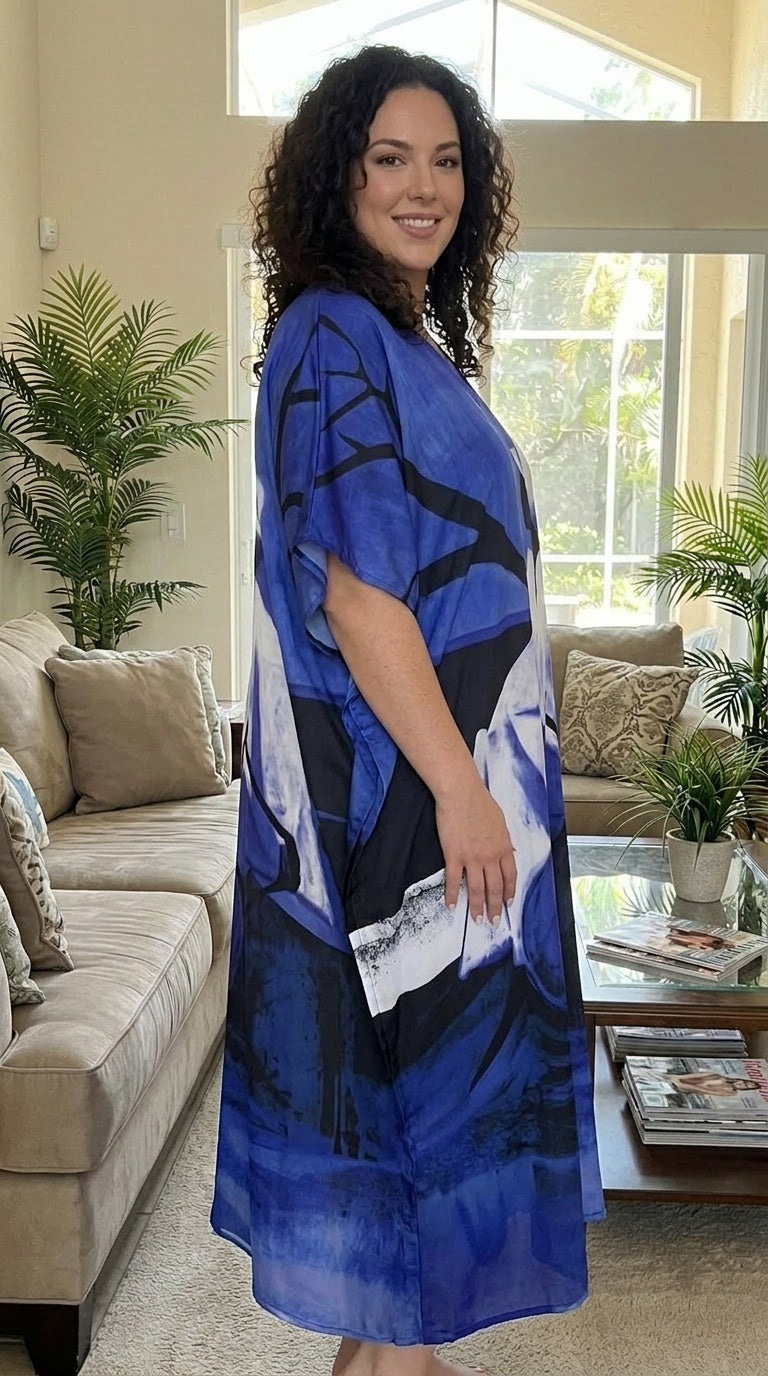 Royal Blue Lady Print Polyester Women Plus Size Kaftan Holiday Dress - SKU SG152-9301 - Gypsie Blu