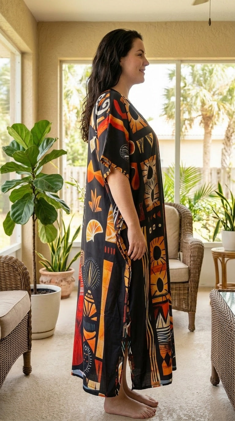Black Tribal Polyester Women Plus Size Kaftan Evening Dress - SKU SG152-9304 - Gypsie Blu
