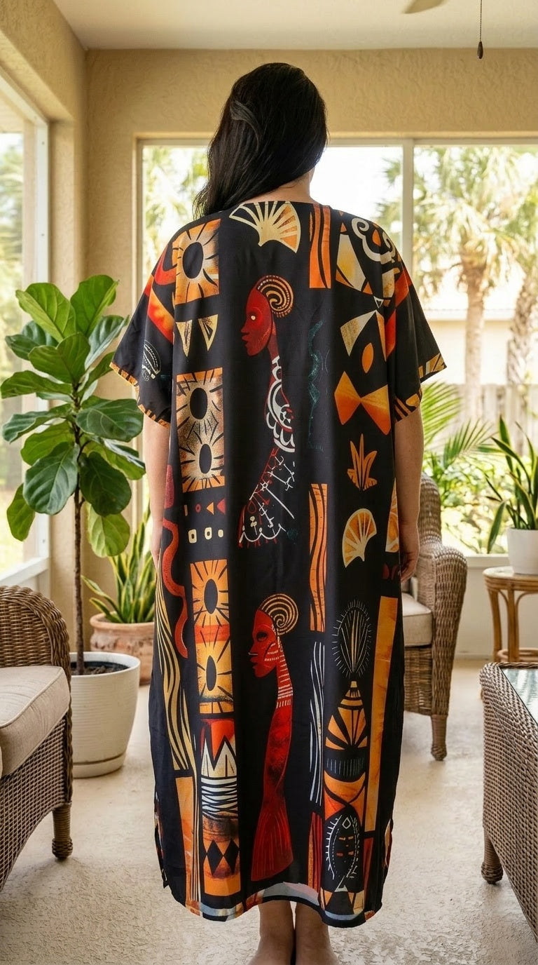 Black Tribal Polyester Women Plus Size Kaftan Evening Dress