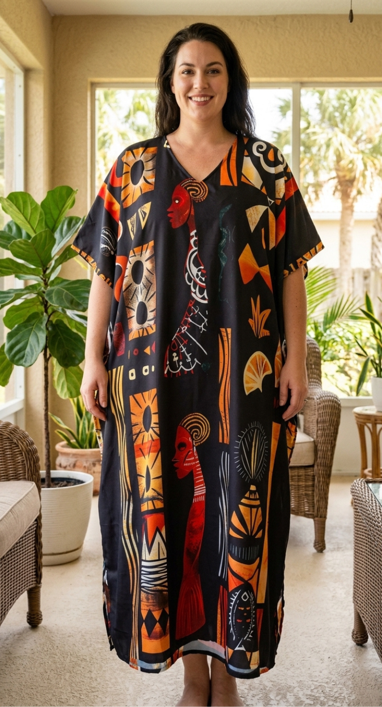 Black Tribal Polyester Women Plus Size Kaftan Evening Dress