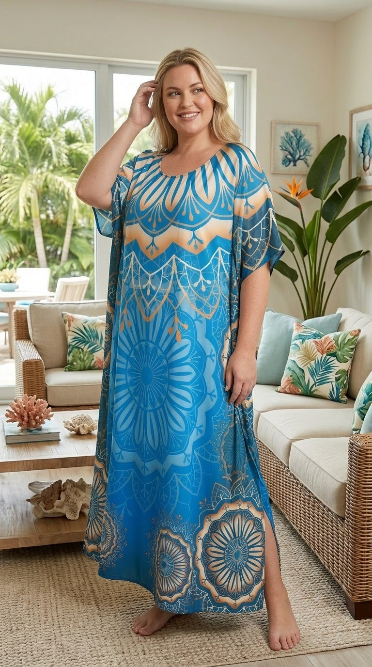 Sky Blue Mandala Polyester Women Plus Size Kaftan Beach Dress - SKU SG152-9307 - Gypsie Blu