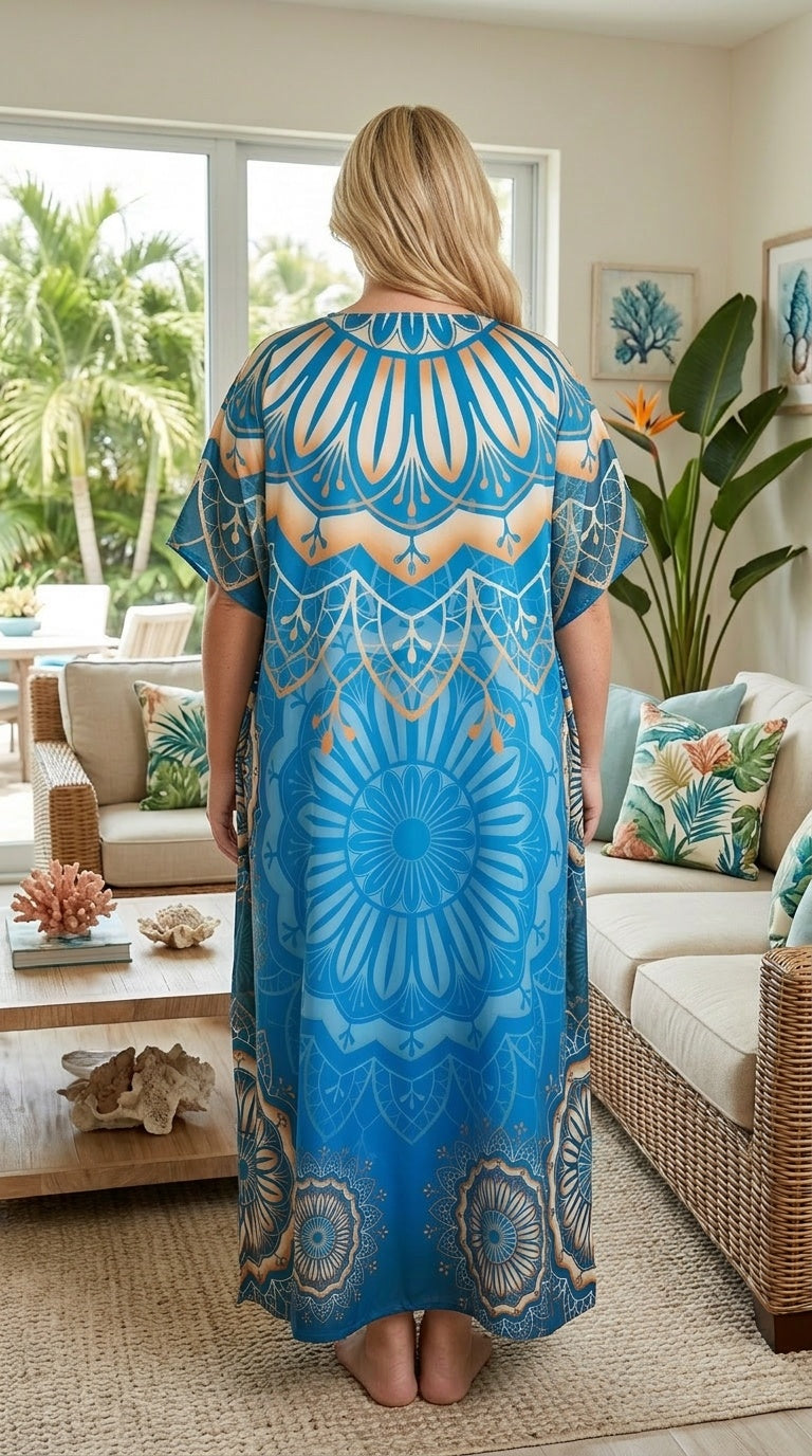Sky Blue Mandala Polyester Women Plus Size Kaftan Beach Dress