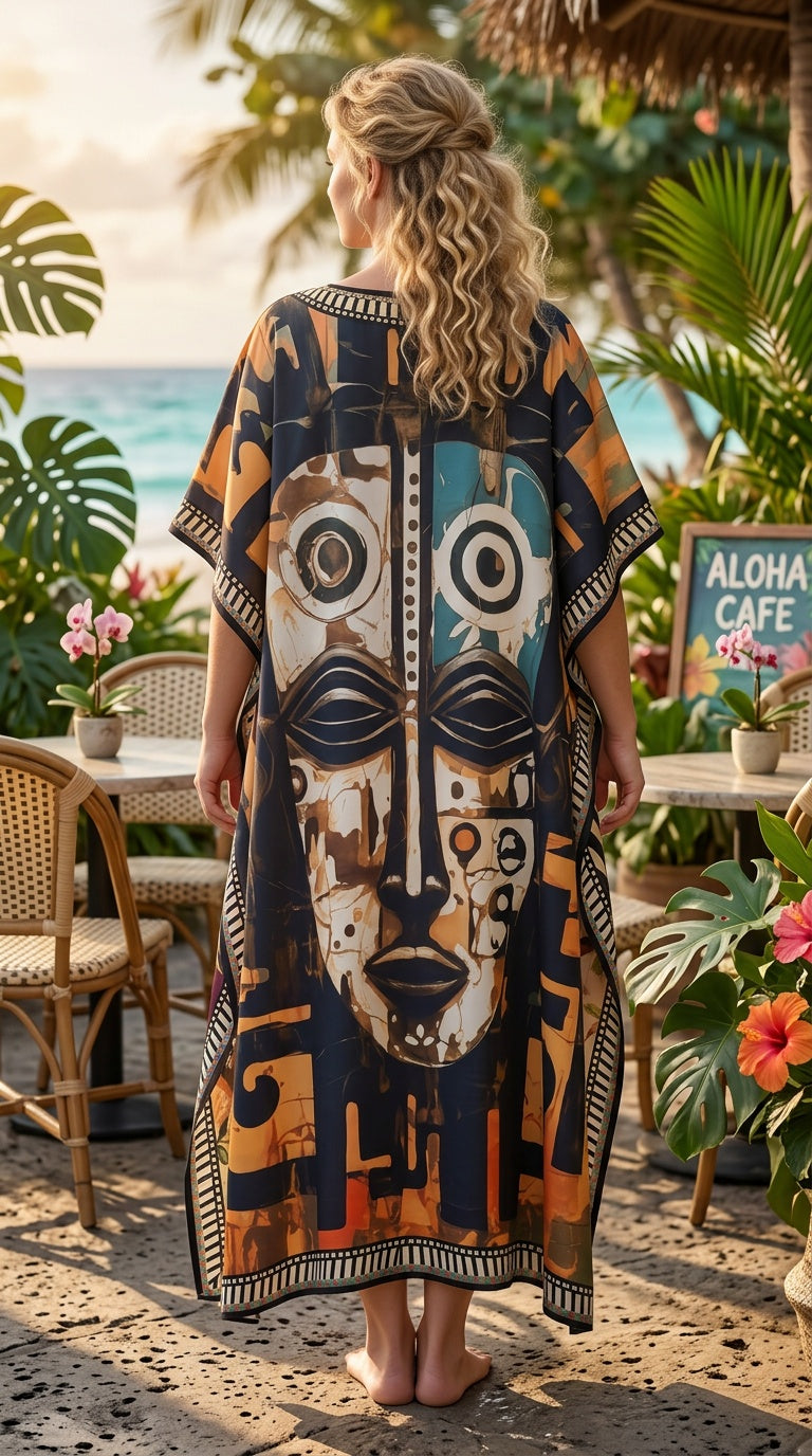 Black Orange Tribal Mask Polyester Women Plus Size Kaftan Evening Dress