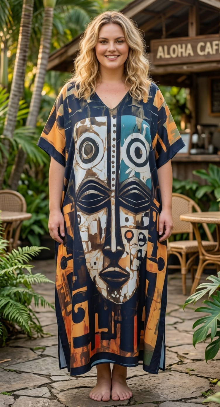 Black Orange Tribal Mask Polyester Women Plus Size Kaftan Evening Dress