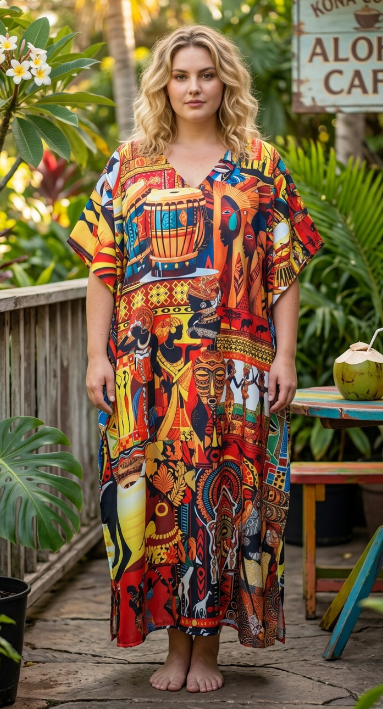 Multicolor Tribal Polyester Women Plus Size Kaftan Resort Dress
