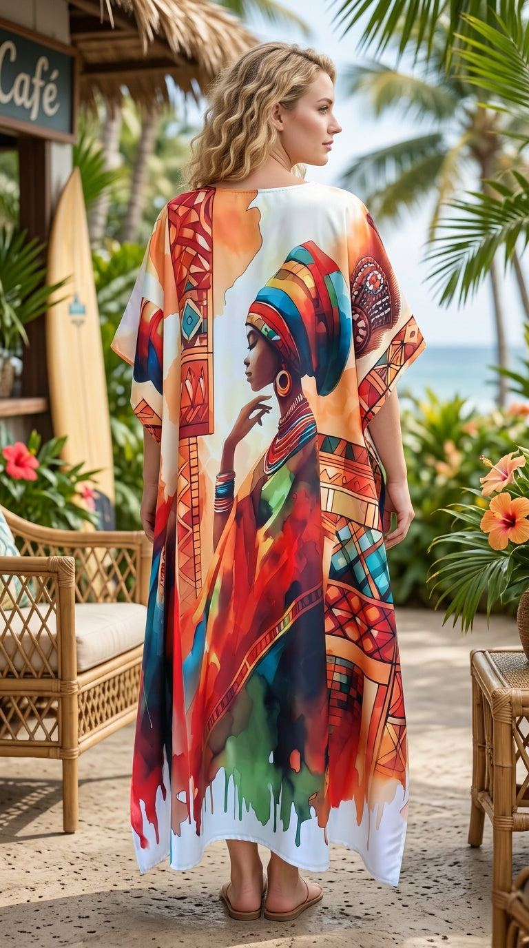 White Orange African Print Polyester Women Plus Size Kaftan Summer Dress