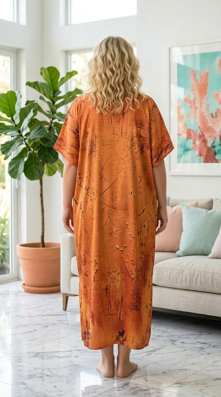 Burnt Orange Tribal Polyester Women Plus Size Kaftan Vacation Dress