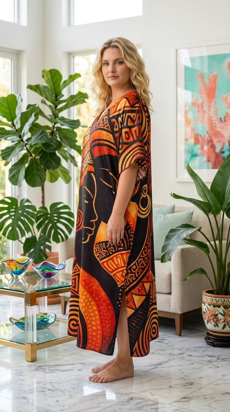 Black Orange Tribal Polyester Women Plus Size Kaftan Tropical Dress