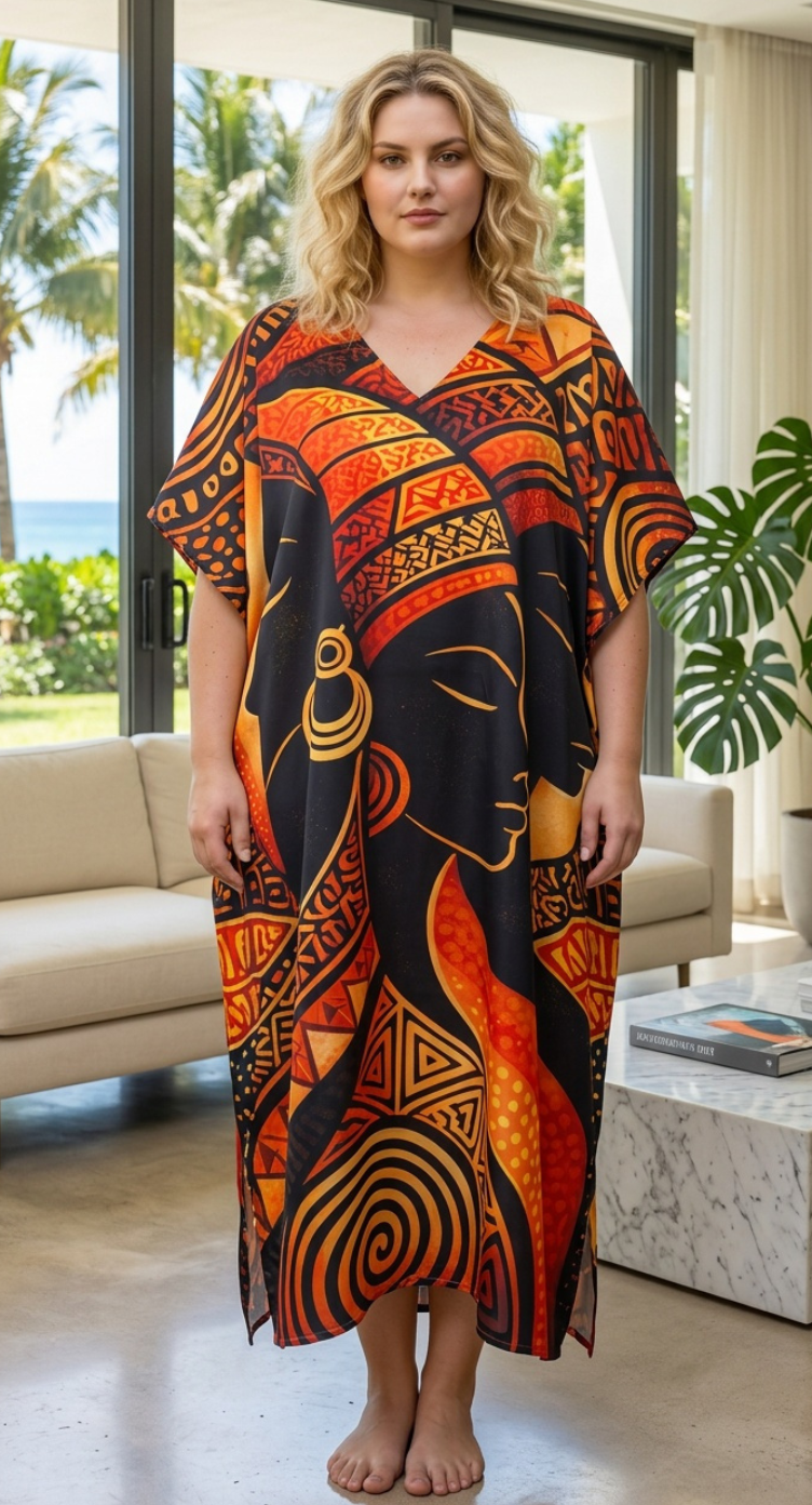 Black Orange Tribal Polyester Women Plus Size Kaftan Tropical Dress