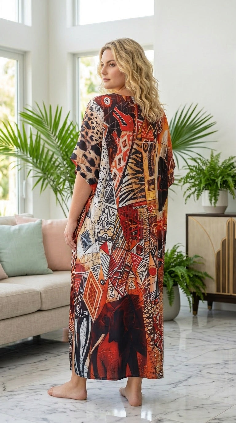 Multicolor Geometric Polyester Women Plus Size Kaftan Casual Dress