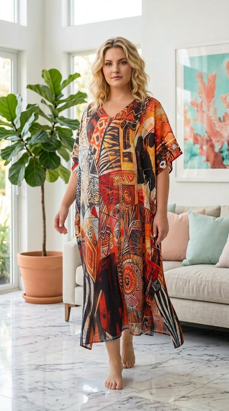 Multicolor Geometric Polyester Women Plus Size Kaftan Casual Dress