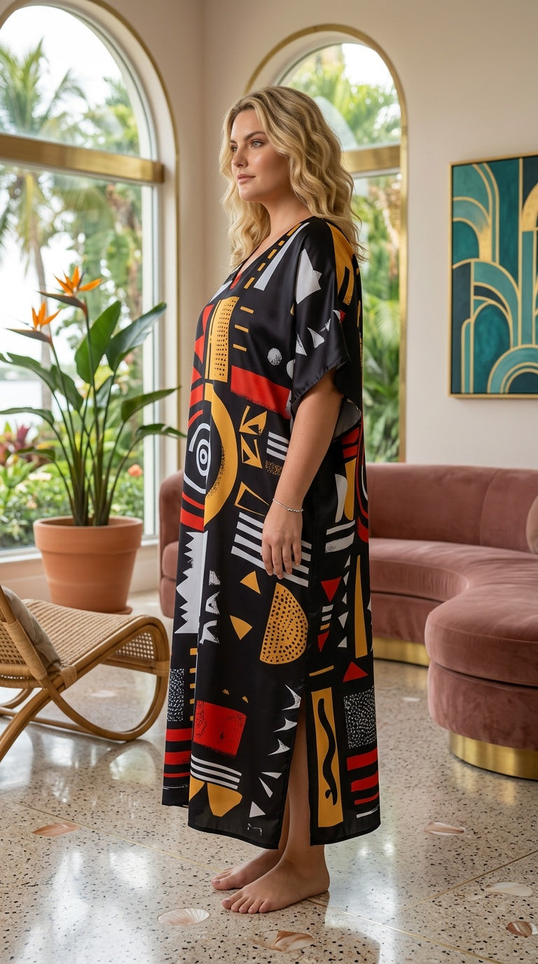 Black Geometric Polyester Women Plus Size Kaftan Travel Dress