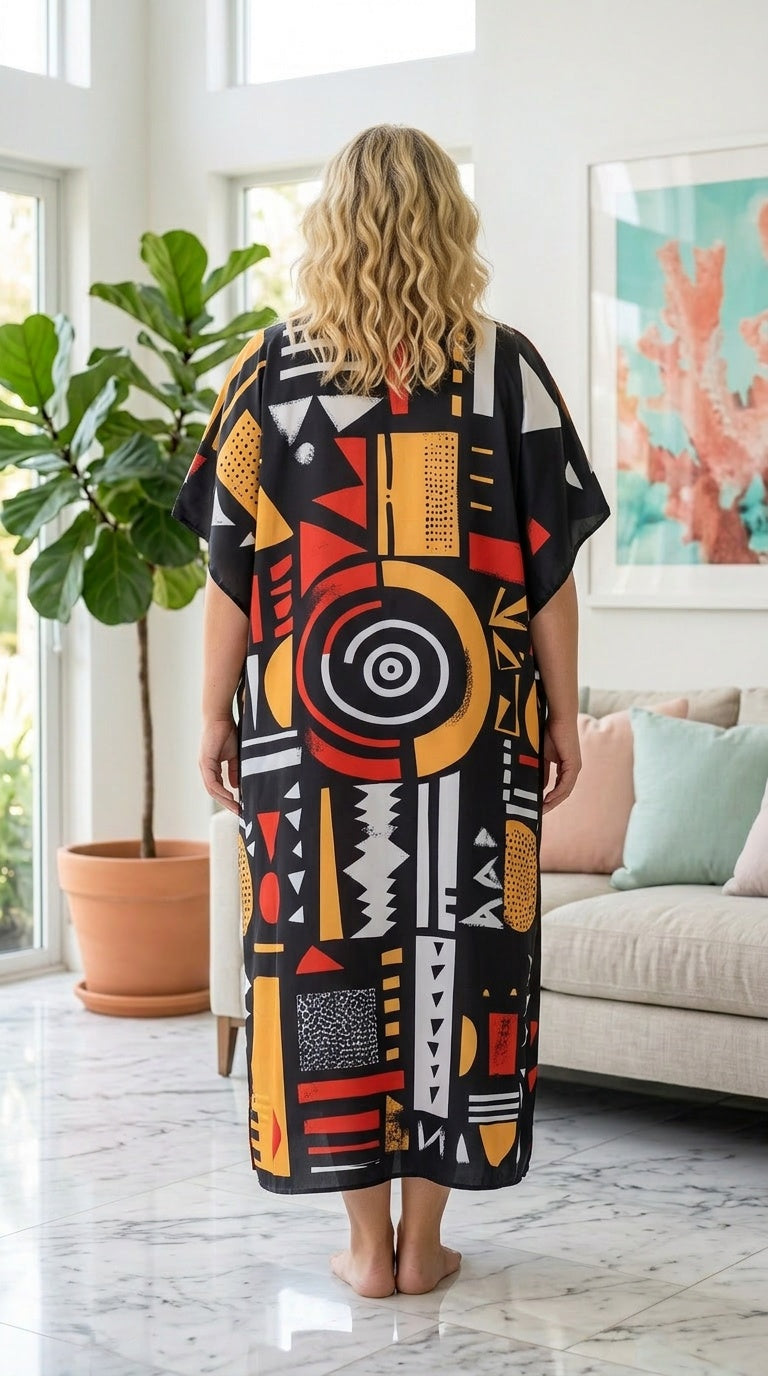 Black Geometric Polyester Women Plus Size Kaftan Travel Dress