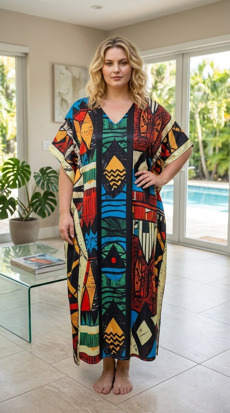 Teal Geometric Polyester Women Plus Size Kaftan Resort Dress