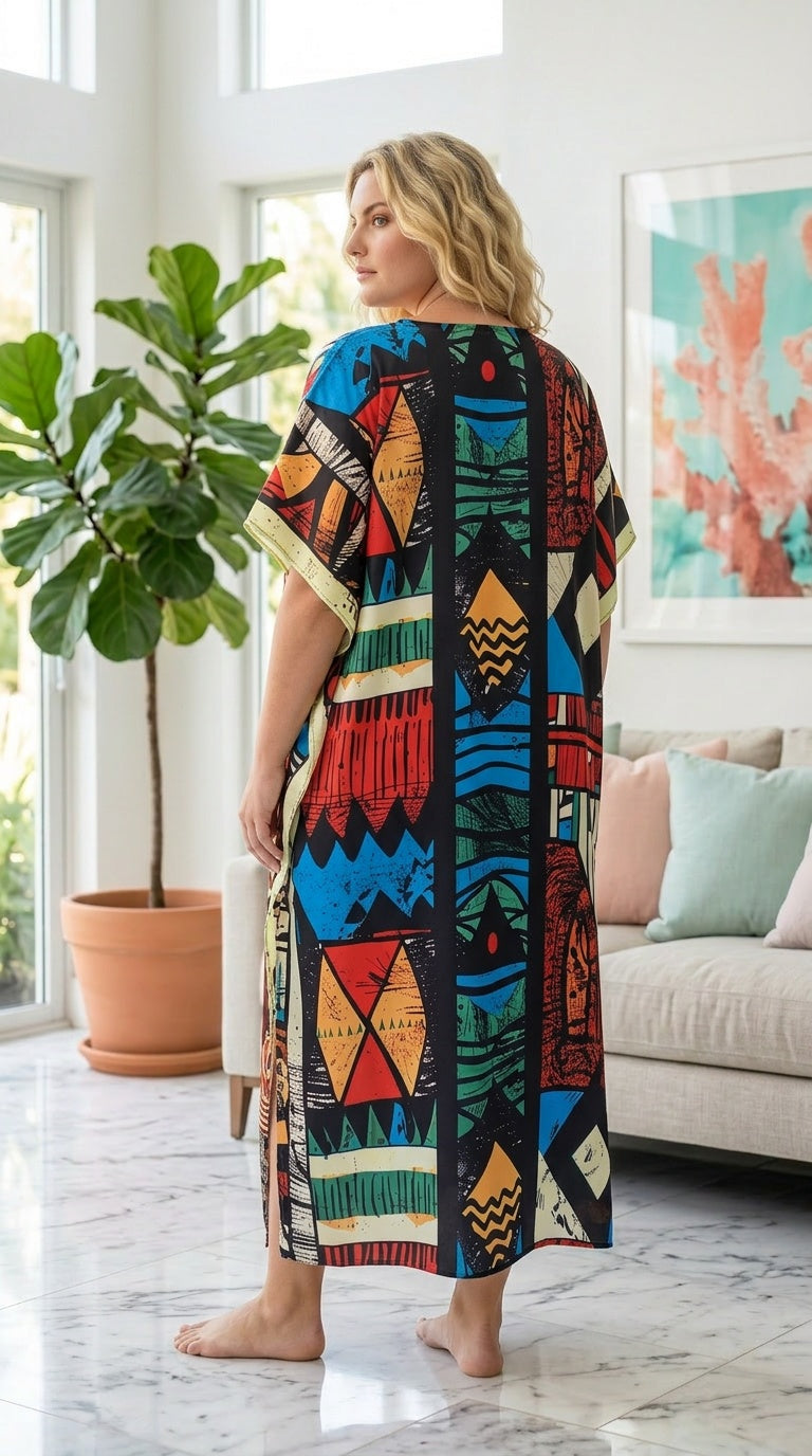 Teal Geometric Polyester Women Plus Size Kaftan Resort Dress